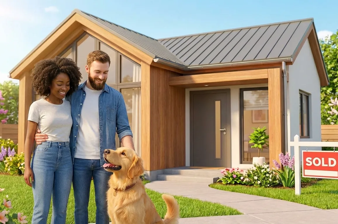 Couple with their dog in front of a newly purchased home