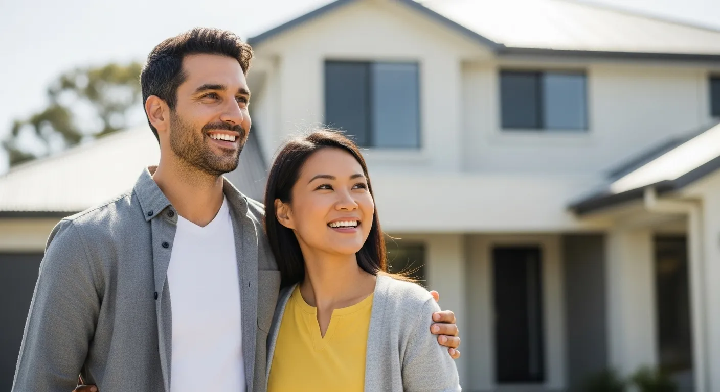 Happy homebuyers in front of their new home